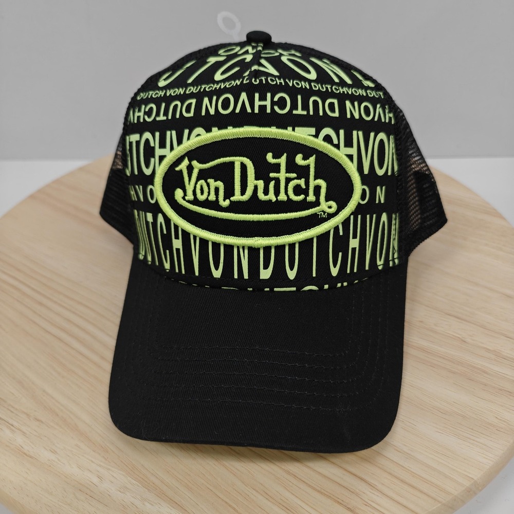 Von Dutch Hat Cap Snap Back Trucker Black Neon Green Mesh Embroidered Patch Mens